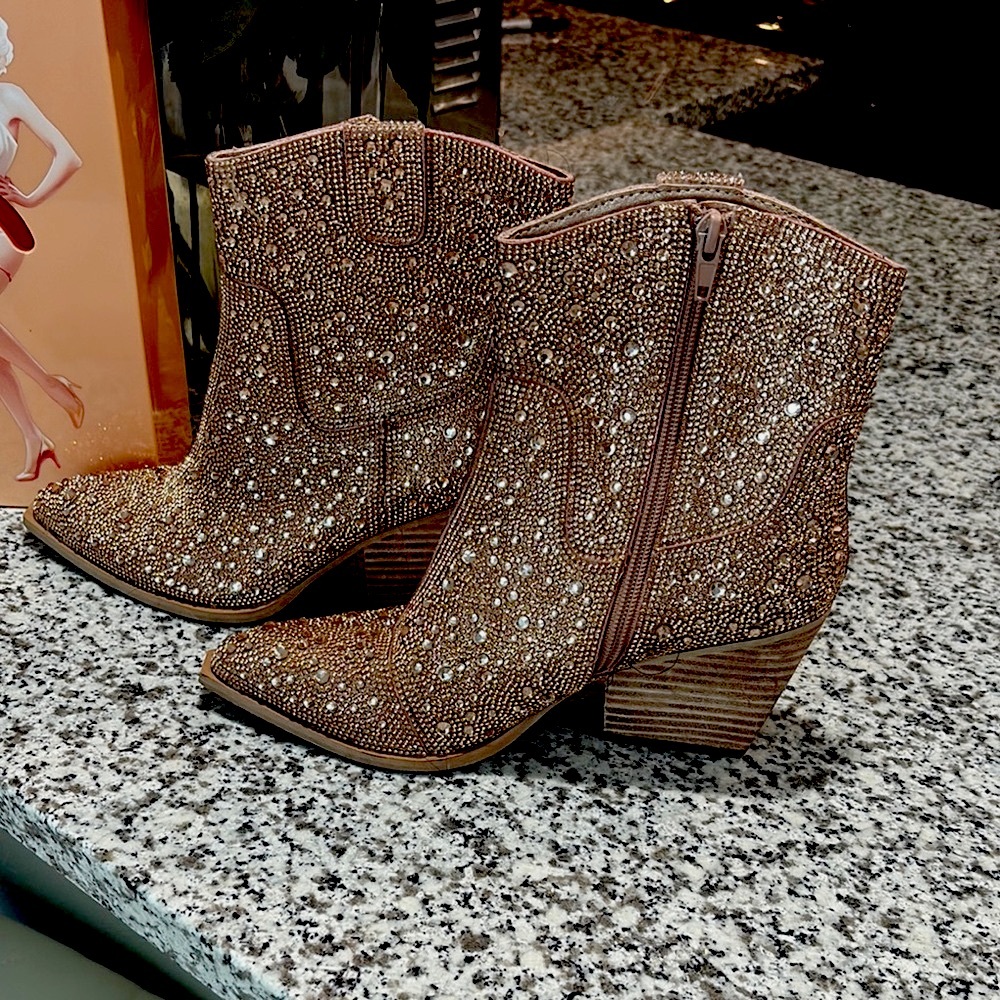 Forever 21 Rose Gold Ankle Booties with Rhinestone Embellishments